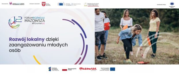 Na grafice znajduje się hasło: Rozwój lokalny dzięki zaangażowaniu młodych osób. Obok zdjęcie grupy młodych osób.