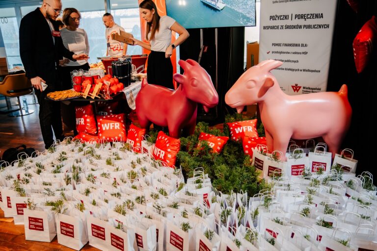 Stoisko województwa wielkopolskiego; na pierwszym planie torby z sadzonkami, w tle dwie różowe figury kóz i stół z czerwonymi gadżetami oznaczonymi „WFR”.
